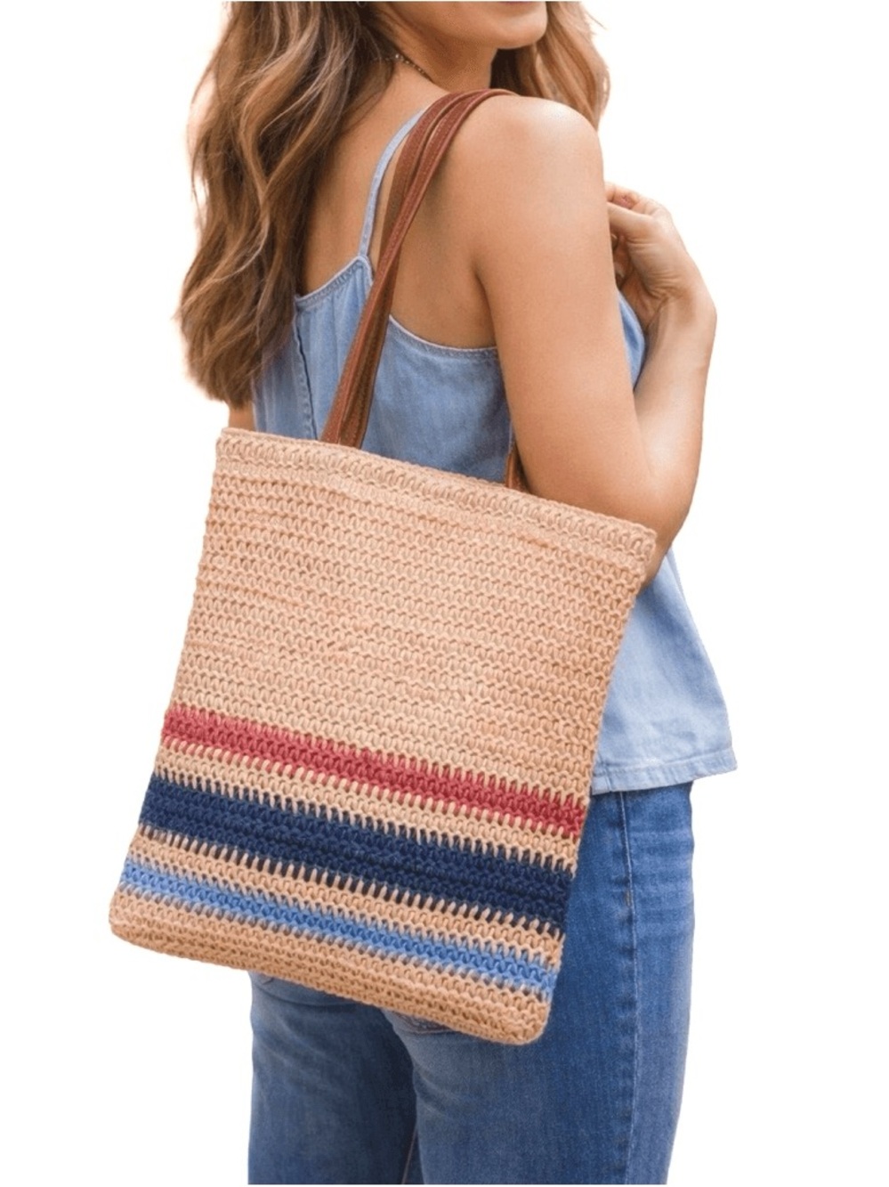 NWT Universal Thread Crochet Double Handle Tote Bag 13” x 15” Stripes Boho Woven
